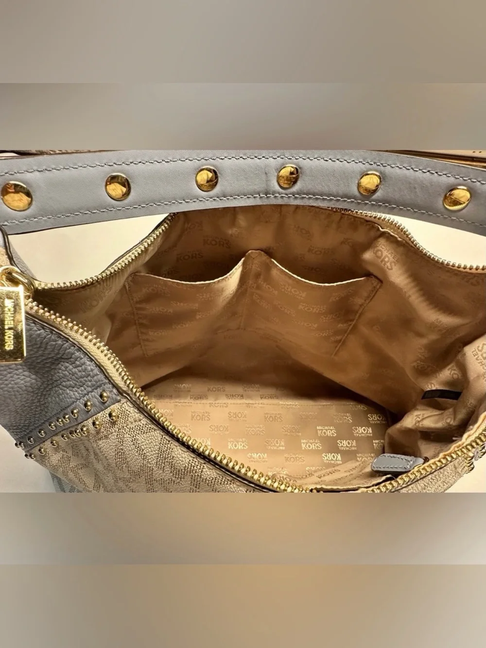Michael Kors Signature MK Powder Blue Studded Hobo Shoulder Crossbody Bag Purse